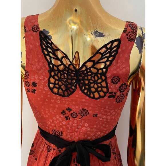 Free People Y2K Vintage Red Dress With Butterfly Detail Floral Print & Black Bel - Picture 3 of 7